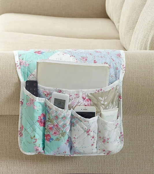Brilliant Sunshine Blue and Green Roses Patchwork Couch Armrest Organizer, Non Slip Armchair Caddy for Sofa Recliner, Washable Remote Control Holder, Storage for Magazine, Phone, iPad (35"×13")