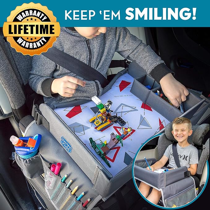 Kenley Kids Travel Tray, Toddler Car Seat Lap Tray, Road Trip Essentials Activity Table (Pink/Gray)
