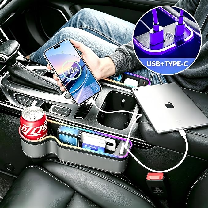 7 Color Led Car Seat Gap Organizer with 56W Type C USB Charging Multifunctional Front Seat Organizer with Cup Holder Console Organizer Seat Gap Filler with Vibe Lamp for Andriod iPhone Grey