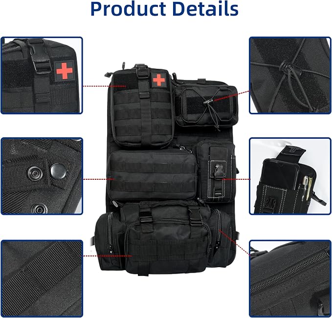 Tactical Car Seat Back Organizer,Back Seat Organizer with 5 Detachable Molle Pouches,Molle Panel Organizer Fits for Vehicel Such as Jeep,Truck,SUV, Car