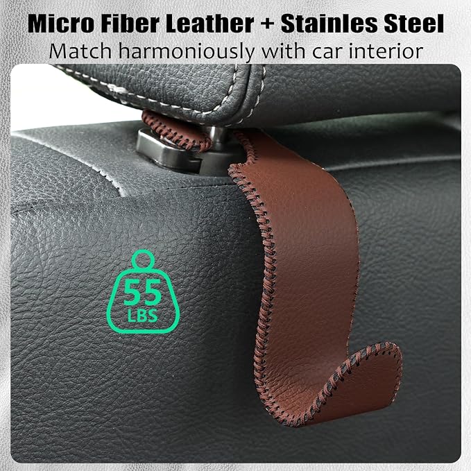 Amooca Car Seat Headrest Hook Universal Vehicle Storage Hanger Leather with Metal Car Seat Back Organizer for Handbag Purse Coat Brown 4 Pack