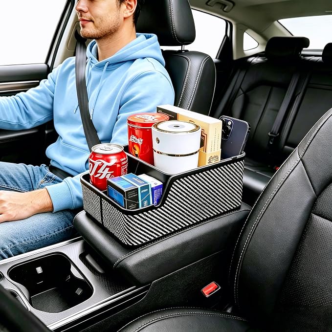 Car Seat Organizer with Compartment,Car Armrest Extra Storage Box Truck Floor Hump Organizer, Front Seat Organizer,Center Console Cup Holder Tray fit for Car SUVS Pickup Truck (Black)