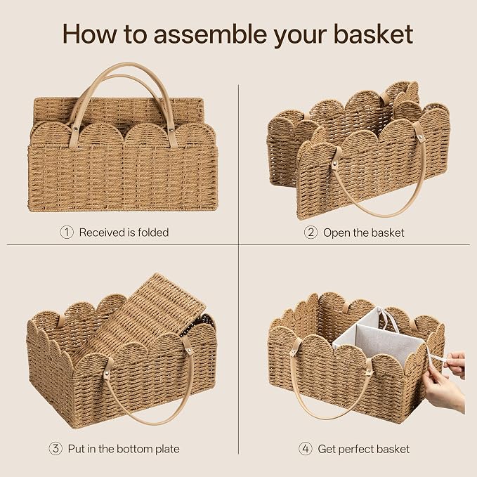Angelhood Scalloped Paper Rope Diaper Caddy, Woven Floral Baby Diaper Organizer with Dividers for Changing Table, Nursery & Car Portable Baby Gift Basket