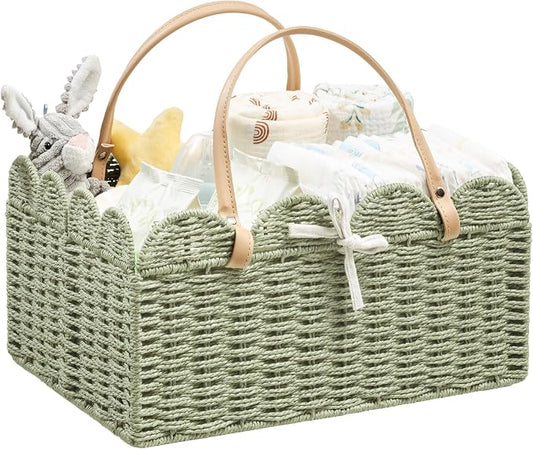Angelhood Scalloped Paper Rope Diaper Caddy, Woven Floral Baby Diaper Organizer with Dividers for Changing Table, Nursery & Car Portable Baby Gift Basket