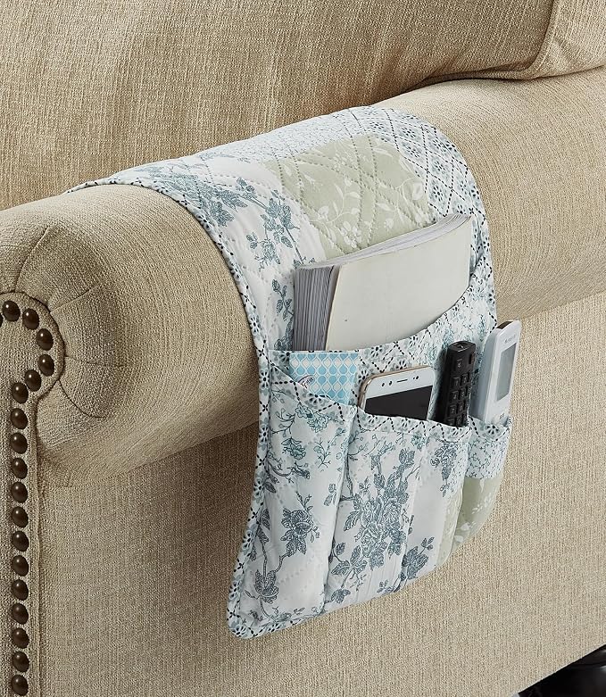 Brilliant Sunshine Multi Blue and Beige Floral Patchwork Couch Armrest Organizer, Non Slip Armchair Caddy for Sofa Recliner, Washable Remote Control Holder, Storage for Magazine, iPad (35"×13")