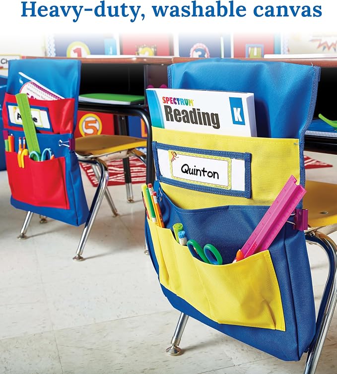 Carson Dellosa Chairback Buddy Pocket Chart―Blue and Red Desk Chair Seat Back Organizer With 6 Pockets for Classroom Supplies, Student Name Tag With Pocket (15" x 19")