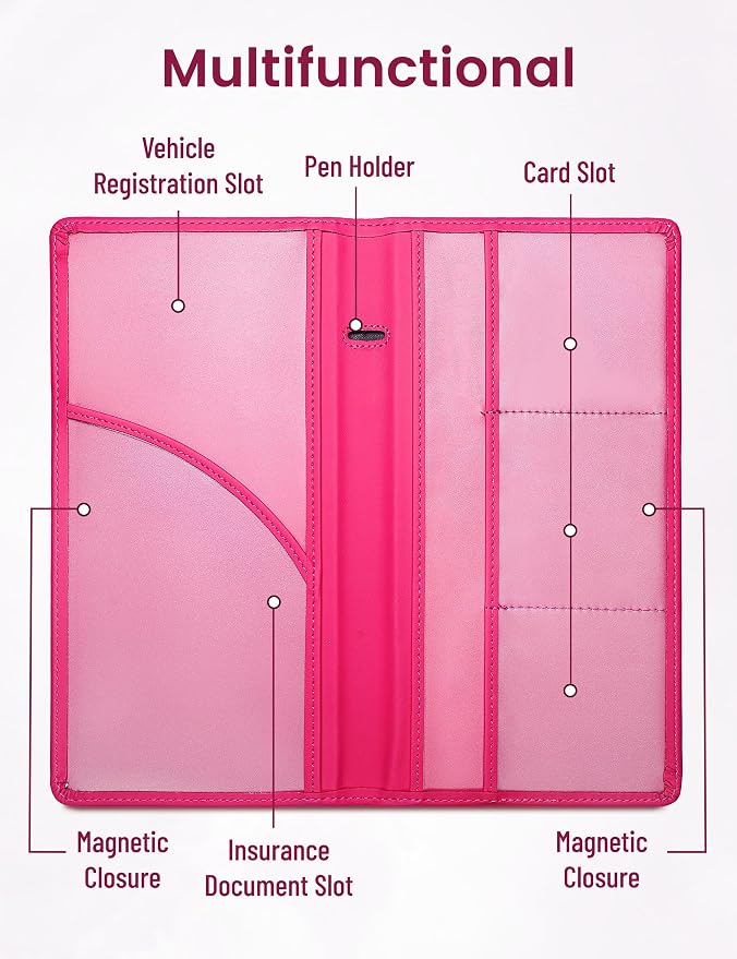 Yarnic Car Registration and Insurance Holder, Car Document Holder with Magnetic Closure, Registration and Insurance Card Holder Car Organizer Glove Box Compartment Organizer for Men Women (Hot Pink)