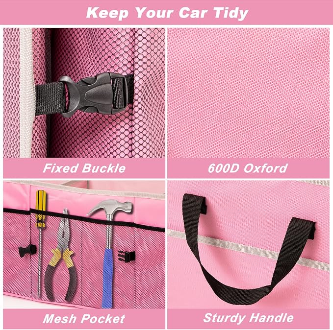 Car Trunk Organizer with Individual Cooler Bag - 2 Compartment Collapsible Car Storage for SUV (Pink)