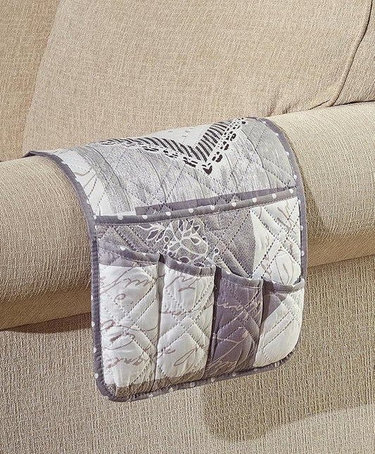 Brilliant Sunshine Grey Heart Love Patchwork Couch Armrest Organizer, Non Slip Armchair Caddy for Sofa Recliner, Washable Remote Control Holder, Storage for Magazine, Phone, iPad (35"×13")