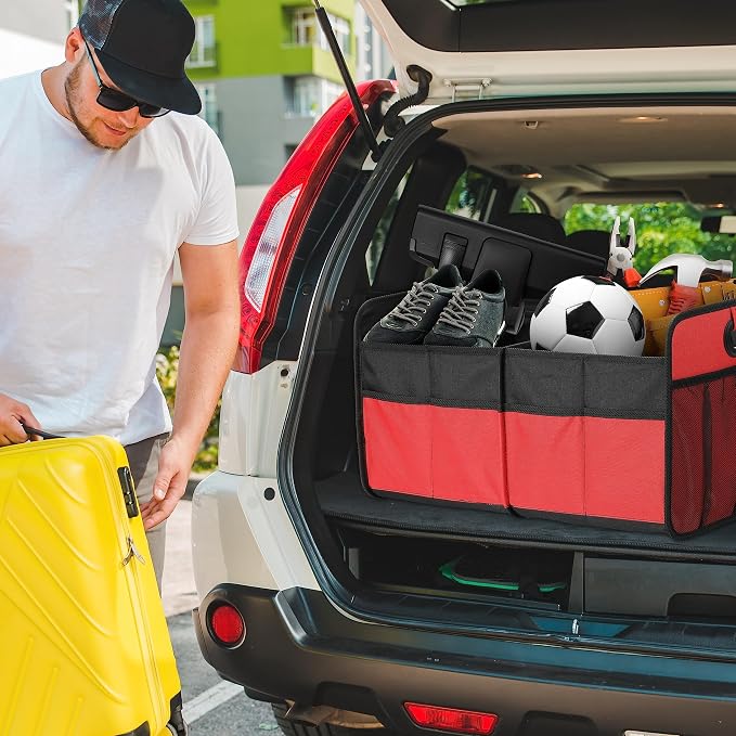 Simple Deluxe Car Trunk Organizer, 2 Compartments Collapsible Trunk Storage, Anti-slip Design, Made of Waterproof 600D Oxford Polyester, Suitable for SUV, Minivan, Truck, Standard Size, Red