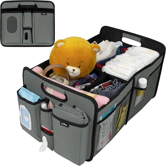 Baby Diaper Caddy Organizer with Changing Mat - Portable Car Caddy for Newborn Essentials, Diapers & Wipes, Perfect for Baby Shower and New Mom | Oxford Fabric, Grey