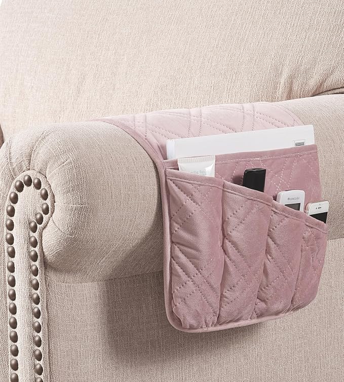 Brilliant Sunshine Silver Pink Velvet Couch Armrest Organizer, Non Slip Armchair Caddy for Sofa Recliner, Washable Remote Control Holder, Storage for Magazine, Tablet, Phone, iPad (35"×13")
