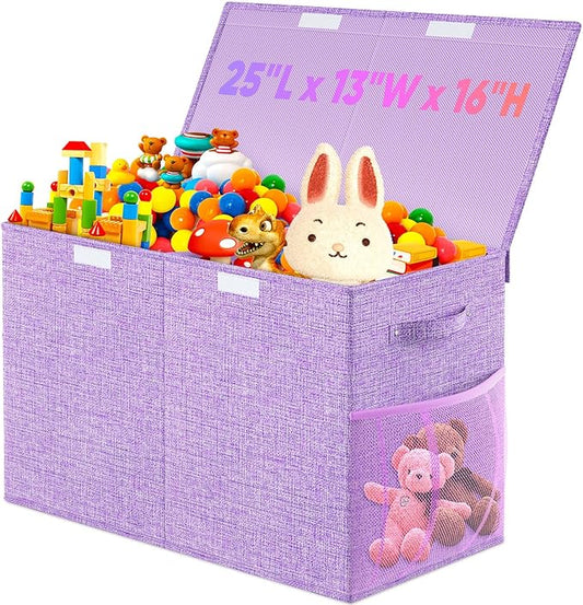 Large Toy Storage Box with Lid Divider, Sturdy Collapsible Toys Organizer Chest Kids Storage Bins Boxes Baskets for Boys, Girls, Nursery, Bedroom, Living Room, Playroom, 25"x13"x16", Purple