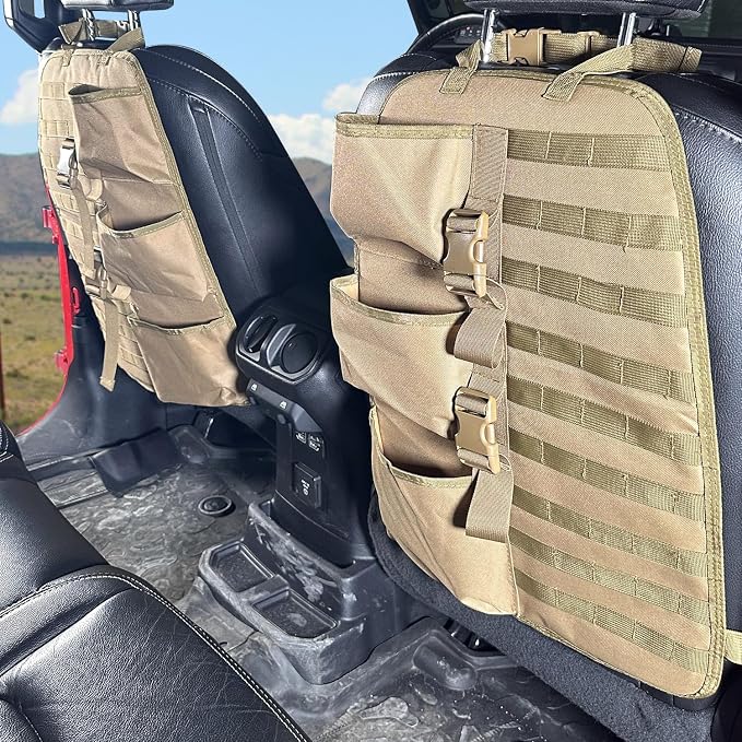 SUNPIE 2 Pcs Seat Back Truck Gun Rack，Automotive Gun Racks with Molle Panel Universal Seatback Storage Pockets Tactical Car Seat Back Organizer for Hunting Accessories Storage,Khaki
