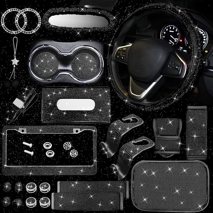 25PCS Bling Car Car Accessories Set,15 Inch Steering Wheel Cover,Shiny License Plate Frame,Center Console Cover and Rearview Mirror Set and Other Car Accessories(Black)