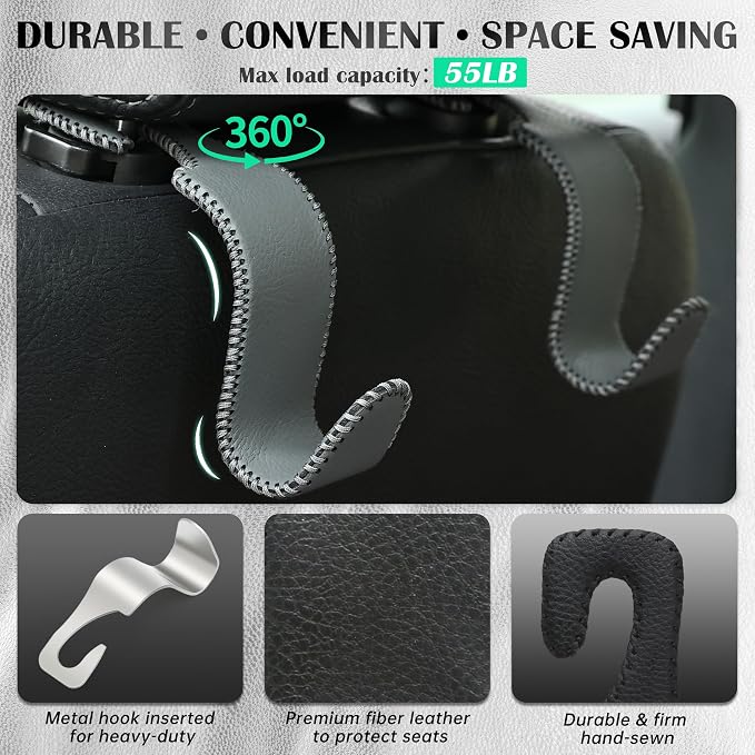 Amooca Car Seat Headrest Hook Universal Vehicle Storage Hanger Leather with Metal Car Seat Back Organizer for Handbag Purse Coat Grey 2 Pack