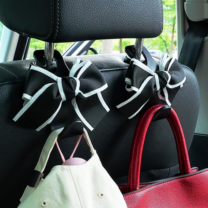 Amooca Car Seat Headrest Hook Cute Bowknot Vehicle Hanger Car Storage Organizer for Handbag Purse Coat Grocery Bag Black