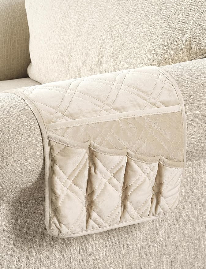 Brilliant Sunshine Beige Velvet Couch Armrest Organizer, Non Slip Armchair Caddy for Sofa Recliner, Washable Remote Control Holder, Storage for Magazine, Tablet, Phone, iPad (35"×13")