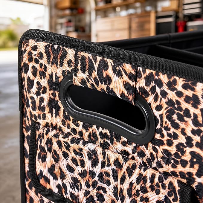 Car Trunk Organizer for SUV & Car, Foldable Waterproof Basket with Front & Side Pockets, Leopard Print Car Accessories for Women, Durable Oxford Cloth Backseat & Truck Bed Organizer