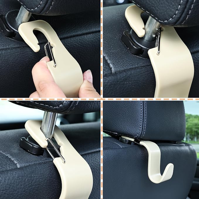 4-Pack 360° Rotating Car Headrest Hooks Vehicle Storage Organizer for Purses Handbags Groceries Coats – Holds 55lbs Simple Design with Clip Beige