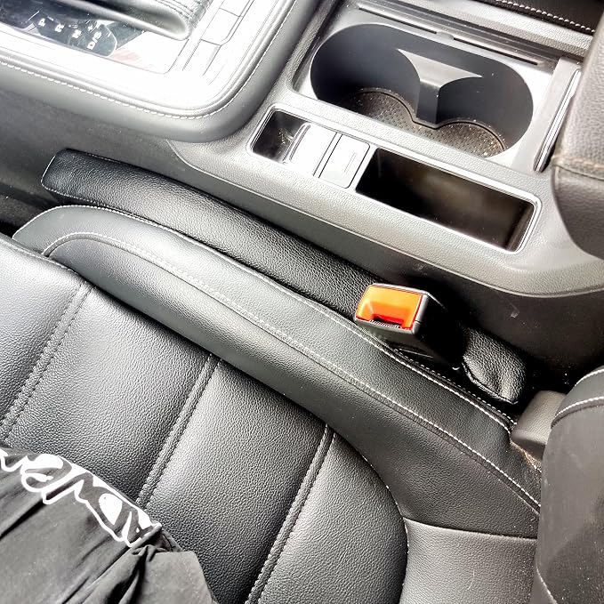 Leather Car Seat Gap Filler, 2 Pack No-Drop Seat Guard Universal Gap Stopper/Catcher to Fill The Gap Between Seat and Console Black Car Crevice Blocker Space Pad