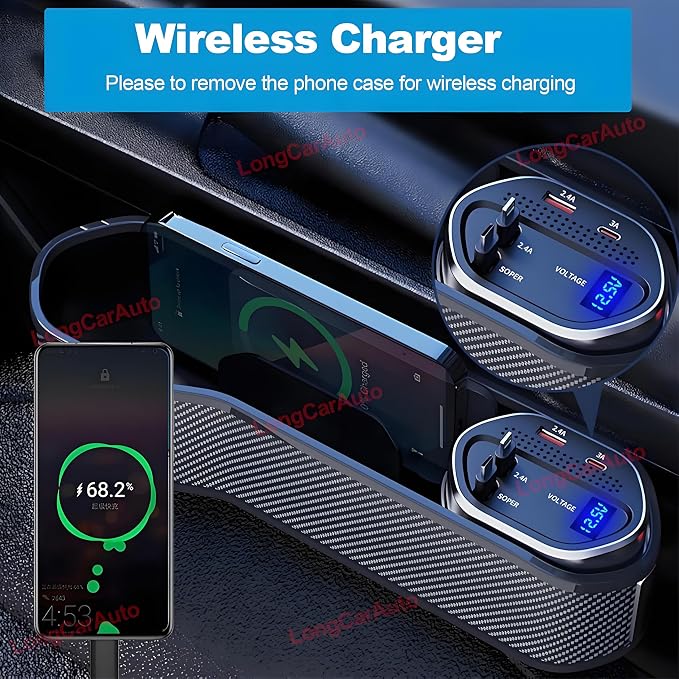 5 in 1 Car Seat Gap Filler Organizer with Wireless Charger and Cigarette Lighter, 2 Charging Cables, Retractable Charging Cords iOS Type-C USB Port Fast Charge Storage Box Cup Holder
