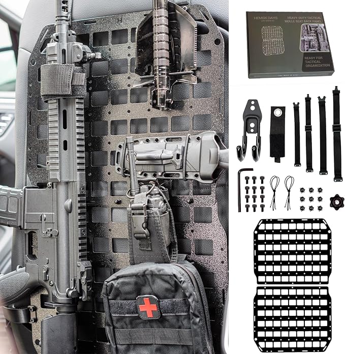 Metal MOLLE Seat Back Panel, 1 Seat Kit, 2mm Aluminum Vehicle Organizer for Most Standard Seat Backs, No-Drill Strap Mount, Compatible with Many MOLLE/PALS-Style Accessories