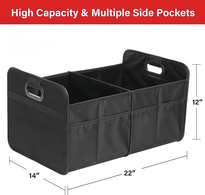 Simple Deluxe Car Trunk Organizer, 2 Compartments Collapsible Trunk Storage, Anti-slip Design, Made of Waterproof 600D Oxford Polyester, Suitable for SUV, Minivan, Truck, Standard Size, Black