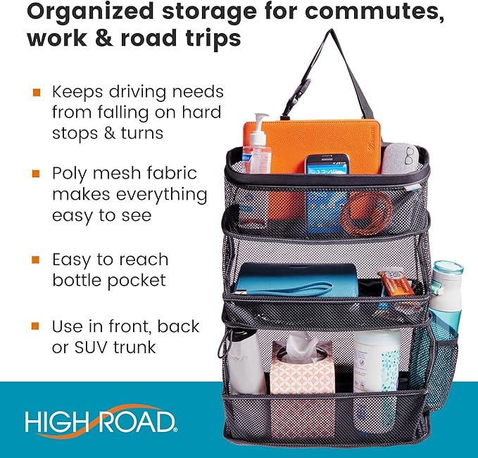 High Road Multipurpose Car Storage Organizer with Mesh Bins - SUV Trunk Organizer, Passenger Seat Organizer or Back Seat Storage Caddy