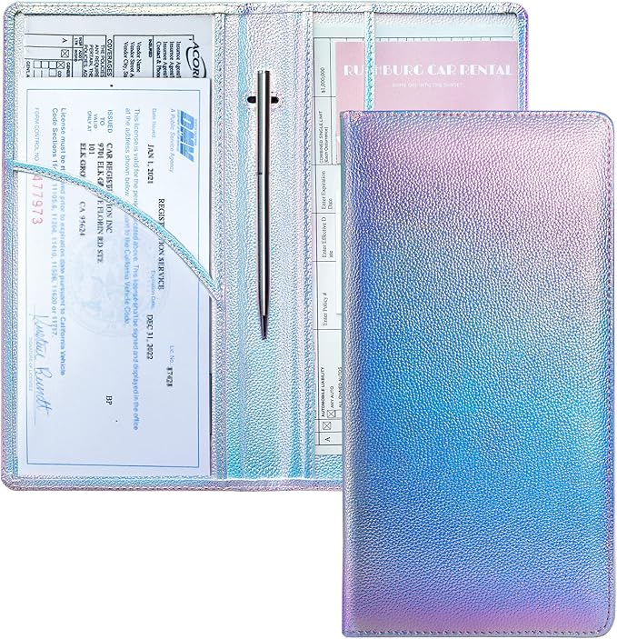Mymazn Car Registration and Insurance Holder, PU Leather Glove Box Car Organizer with Magnetic Closure, Car Document Holder for Driver's License & Essential Documents (Iridescent blue)