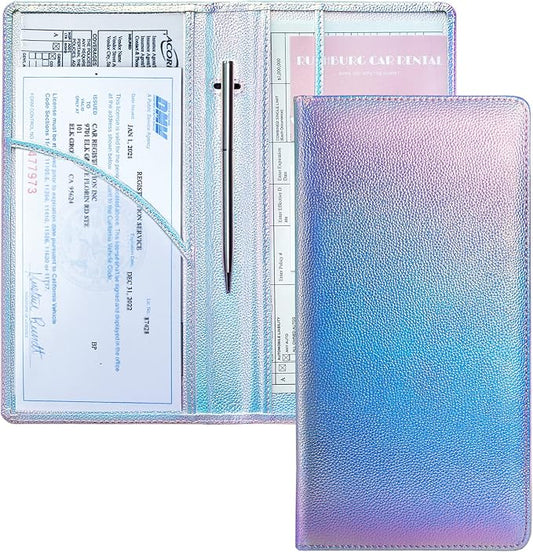 Mymazn Car Registration and Insurance Holder, PU Leather Glove Box Car Organizer with Magnetic Closure, Car Document Holder for Driver's License & Essential Documents (Iridescent blue)