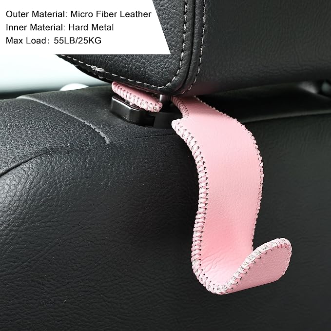 Amooca Car Seat Headrest Hook Universal Vehicle Storage Hanger Leather with Metal Car Seat Back Organizer for Handbag Purse Coat Pink 2 Pack