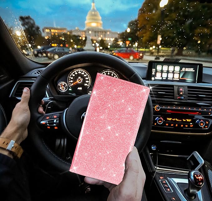 TOURSUIT Car Registration and Insurance Card Holder, Vehicle License Document Glove Box Compartment Organizer, Interior Car Accessories for Women Men (Glitter Pink)