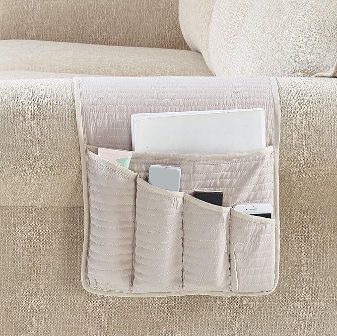Brilliant Sunshine Light Beige Couch Armrest Organizer, 1/2" Channel Quilted, Armchair Caddy for Sofa Recliner, Washable Remote Control Holder, Storage for Magazine, Tablet, Phone, iPad (35"×13")