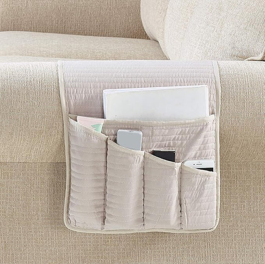 Brilliant Sunshine Light Beige Couch Armrest Organizer, 1/2" Channel Quilted, Armchair Caddy for Sofa Recliner, Washable Remote Control Holder, Storage for Magazine, Tablet, Phone, iPad (35"×13")