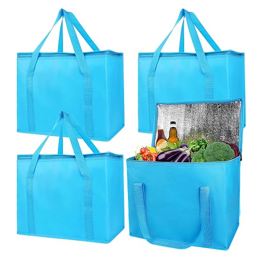 musbus 4-Pack, Large Insulated Grocery shopping bag, Blue, reusable bags,zipper,Collapsible,tote,cooler,for men women,for instacart,leakproof,soft,Recycled Materia