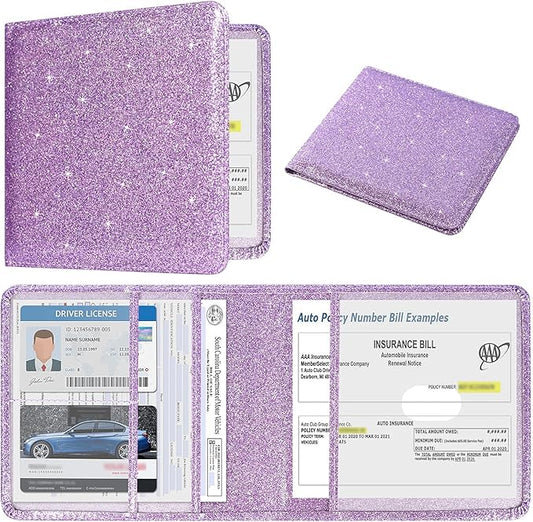 DMLuna Car Registration and Insurance Holder, Folio Leather Vehicle Card Document Glove Box Organizer, Driver License Cards, Glitter Purple