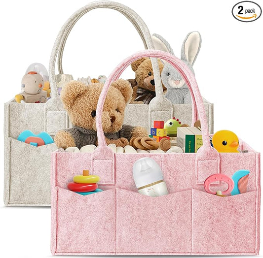 HIPHOP PANDA 2-Pack Diaper Caddy Organizer - Nursery Storage Bin & Car Organizer for Diapers, Wipes, and Baby Essentials - Dual-Color Solid Set (Pink/Oatmeal), Regular Size