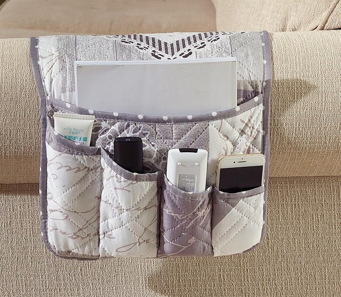 Brilliant Sunshine Grey Heart Love Patchwork Couch Armrest Organizer, Non Slip Armchair Caddy for Sofa Recliner, Washable Remote Control Holder, Storage for Magazine, Phone, iPad (35"×13")