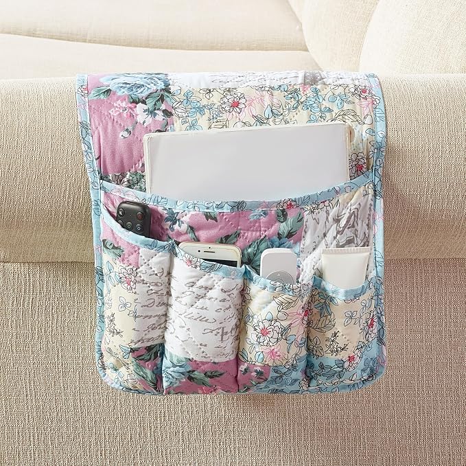 Brilliant Sunshine Lilac and Egg Blue Roses Patchwork Couch Armrest Organizer, Non Slip Armchair Caddy for Sofa Recliner, Washable Remote Control Holder, Storage for Magazine, Phone, iPad (35"×13")