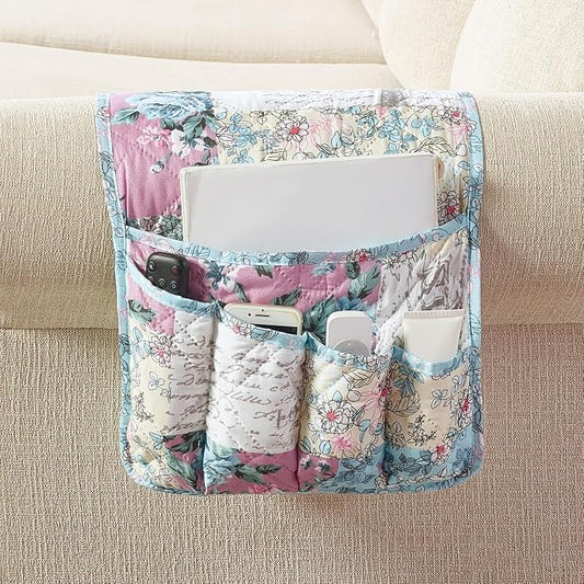 Brilliant Sunshine Lilac and Egg Blue Roses Patchwork Couch Armrest Organizer, Non Slip Armchair Caddy for Sofa Recliner, Washable Remote Control Holder, Storage for Magazine, Phone, iPad (35"×13")
