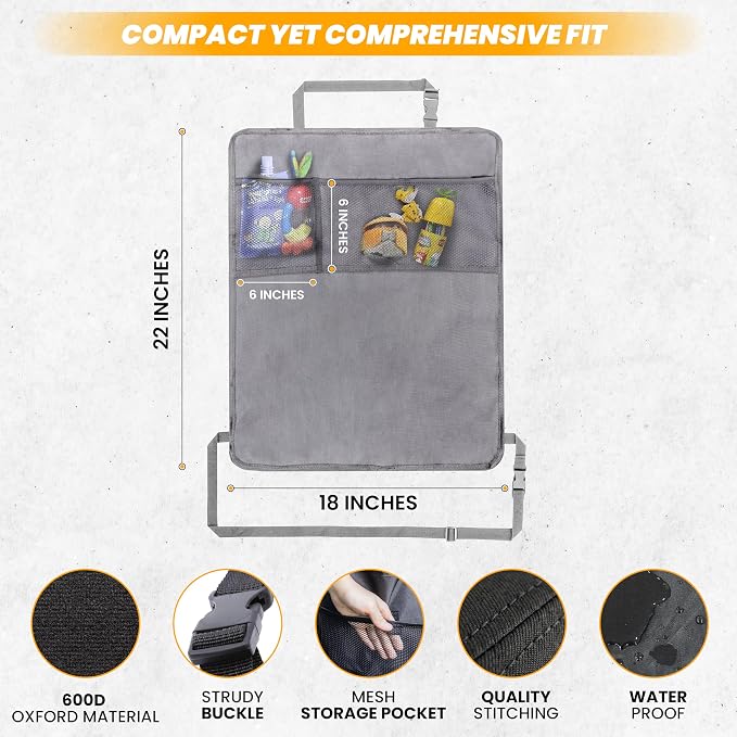 EcoNour 2-Pack Back of Seat Protector for Kids Feet | Grey Oxford Fabric Car Kick Mats with 2 Pocket Organizer | Seat Protector for Vehicles from Dirt, Mud & Scratches | Car Accessories