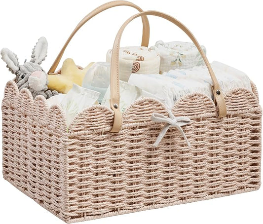 Angelhood Scalloped Paper Rope Diaper Caddy, Woven Floral Baby Diaper Organizer with Dividers for Changing Table, Nursery & Car Portable Baby Gift Basket