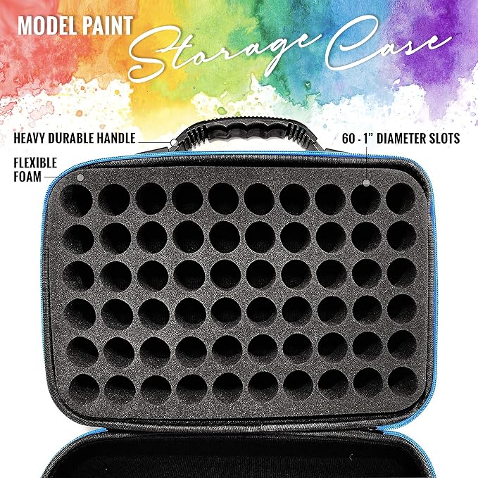 Pixiss Model Paint Storage Case Organizer Holder Tray for Round Top Hobby Brands - 60 Slots With 6 Fine Detail Miniatures Brushes