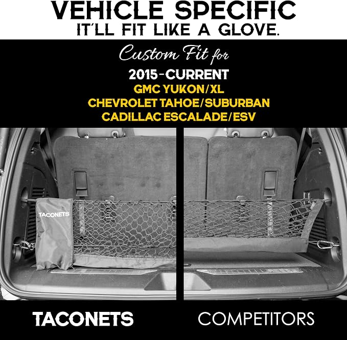 TacoNets Envelope Cargo Net for Suburban | Tahoe | Yukon/XL | Escalade/ESV - Fits 2015-Current - Upgraded 5mm Bungee - Integrated Storage Bag - Heavy Duty Hooks - Designed in USA