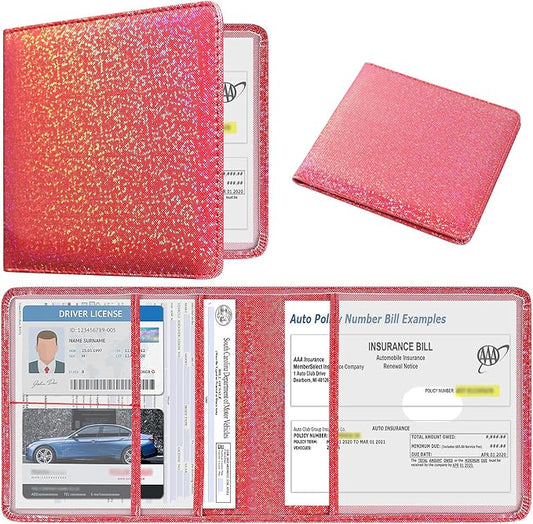 DMLuna Car Registration and Insurance Holder, Folio Leather Vehicle Card Document Glove Box Organizer, Auto Truck Compartment Accessories for Essential Information, Driver License Cards, Red Glitter