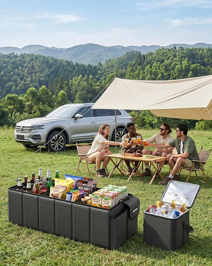 HOTOR Trunk Organizer for Car & SUV, Sturdy Car Organizer with Removable Cooler, Large Foldable Trunk Organizer with Cooler, 3 Compartments, Adjustable Straps, Black, 35.43”×14.17“×10.63”