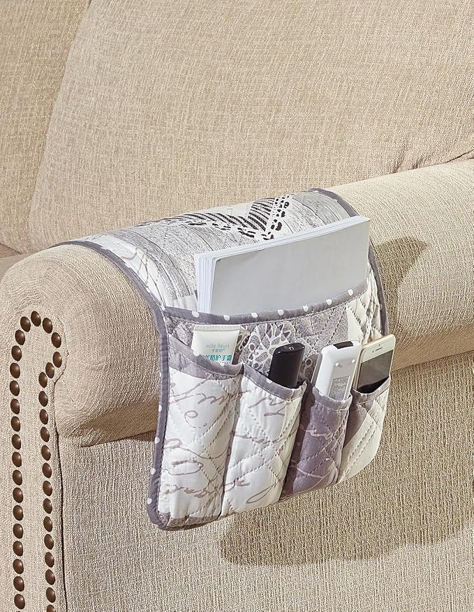 Brilliant Sunshine Grey Heart Love Patchwork Couch Armrest Organizer, Non Slip Armchair Caddy for Sofa Recliner, Washable Remote Control Holder, Storage for Magazine, Phone, iPad (35"×13")