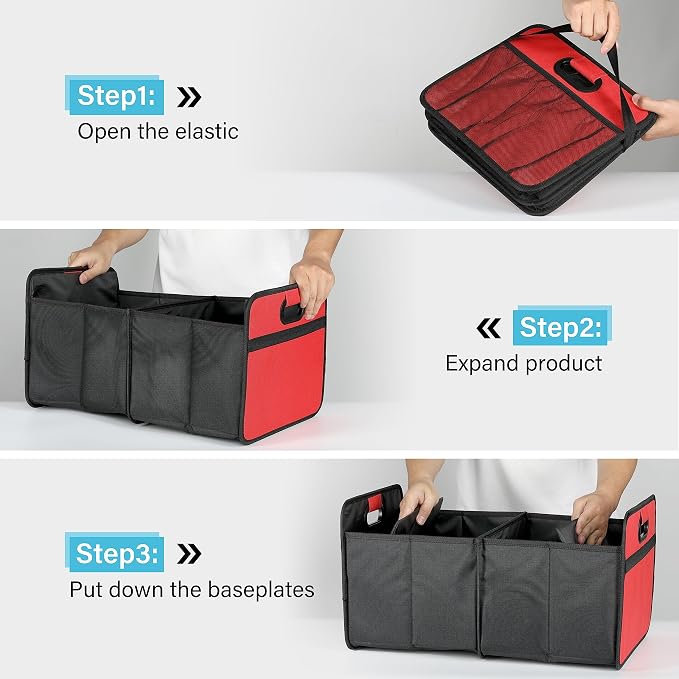 Simple Deluxe Car Trunk Organizer, 2 Compartments Collapsible Trunk Storage, Anti-slip Design, Made of Waterproof 600D Oxford Polyester, Suitable for SUV, Minivan, Truck, Standard Size, Red