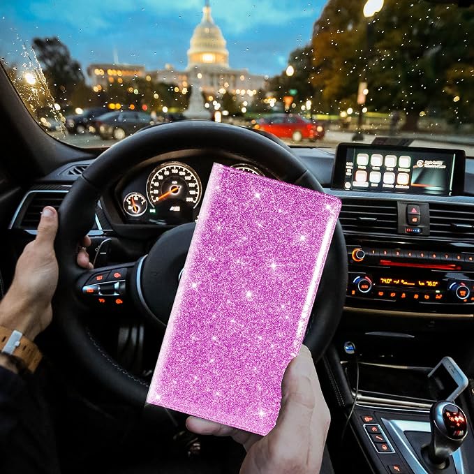 TOURSUIT Car Registration and Insurance Card Holder, Vehicle License Document Glove Box Compartment Organizer, Interior Car Accessories for Women Men (Glitter Purple)